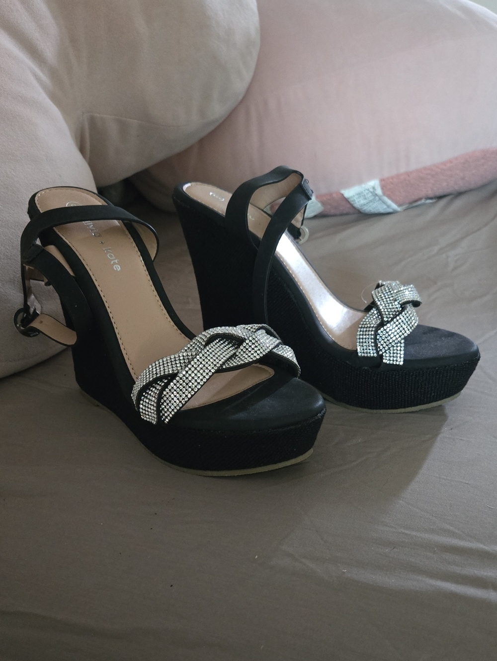 Black Rhinestone Knot Platform Wedge Sandals